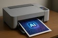 A modern inkjet printer sits on a wooden table. It is printing a sheet featuring the \