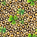 Horisontal background with three-leaved shamrocks, Lucky Irish Four Leaf Clover in the Field on leopard background