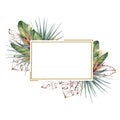 Horisontale gold rectangular frame with watercolor and outline tropical leaves