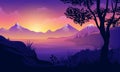 Sunrise or sunset Landscape with silhouettes of mountains, trees and lens flares sky