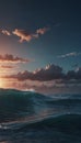 a sunset with a wave in the middle of the ocean Horizon\'s Embrace A Cinematic Voyage Through