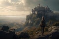 Fortress on the Horizon: Stunning 3D Render of a Woman Gazing upon an Epic Landscape