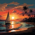 Horizon voyage, Palm-lined beach, sailing yacht at sunset illustrated coastal escape in vectors