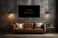 Horizonal frame poster art mockup living room gray wall art display Royalty Free Stock Photo