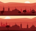 Horizontal abstract banners of arab city with palm trees at sunset. Royalty Free Stock Photo