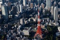 A horizontal aerial view of Tokyo Tower from a helicopter on a sunny spring afternoon