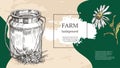 Horizontal agricultural banner. Milk can and meadow flowers.