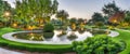 Horizontal anamorphic display evening garden park environment photorealistic for background