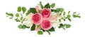 Horizontal arrangement with pink roses, freesia flowers and eucalyptus leaves