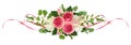 Horizontal arrangement with pink roses, freesia flowers, eucalyptus leaves and sarin ribbons Royalty Free Stock Photo