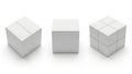Three white geometric shapes illustrating different cube concepts, featuring a plain block, a simple box mockup, and a 2x2 puzzle Royalty Free Stock Photo