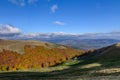 Horizontal autumn mountain landscape with house. Beautiful sunny