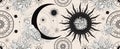 Horizontal background for astrology, esotericism, fortune telling. Black banner with the face of the sun and the face of