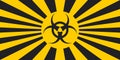 Horizontal background black and yellow rays hazard ncov symbol, vector quarantine banner warning of the danger