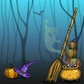 Halloween background with deciduous forest and . illustration