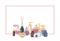 Horizontal background decorated by perfume and cosmetics in glass flasks, incense sticks, mortar and pestle. Hand drawn