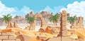 Horizontal background with desert and palms. City ruins on the horizon Royalty Free Stock Photo