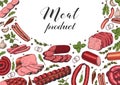 Horizontal background with different color meat products in sketch style. Sausages, ham, bacon, lard, salami Royalty Free Stock Photo