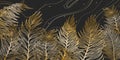 Horizontal background with exotics golden palms leaves. Hand drawn luxury golden tropical leaf on dark background.