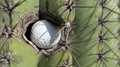 Extreme close-up of a golf ball stuck in the left side of a prickly Saguaro cactus in Arizona