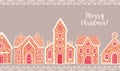 Horizontal background with traditional gingerbread houses and Merry Christmas lettering. Festive backdrop decorated by