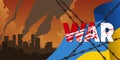 Horizontal background war in Ukraine. Ukraine flag concept with Barb Wire and destroyed city vector illustration