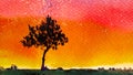 Horizontal background watercolor landscape of a lonely young tree with foliage against the orange sky of a sunset or sunrise with Royalty Free Stock Photo