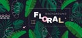 Horizontal baner with green tropical leaves and geometric shapes on black background