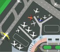 Horizontal banner with airplane taxiing and preparing for take off on runway, top view. Passenger aircraft beside airport building Royalty Free Stock Photo
