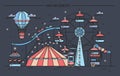 Horizontal banner with amusement park. Circus, ferris wheel, attractions, side view with aerostat in air. Colorful line