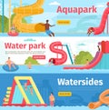 Horizontal banner for aquapark rides with people on water slides. Family resort waterpark. Fun swimming playground and Royalty Free Stock Photo