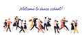 Horizontal banner or backdrop with pairs of elegant men and women dancing tango on white background. Dance school or