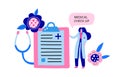 Horizontal banner with big colorful stethoscope, blank clipboard or medical card, woman doctor and flowers.