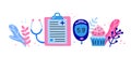 Horizontal banner with big stethoscope, blank clipboard, glucometer, cupcake, leaves.