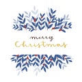 Horizontal banner of blue leaves and red berries with Merry Christmas handwritten calligraphy Royalty Free Stock Photo