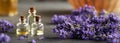 Horizontal banner with bottles of essential oil and blooming lavender Royalty Free Stock Photo