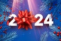 Horizontal banner with bright blue realistic fir branches. Sun light with red shiny bow and white paper 2024 lettering Royalty Free Stock Photo