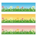 Horizontal banner with cartoon flowers and grass