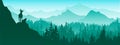 Horizontal banner. A chamois stands on top of hill with mountains and forest in background. Silhouette with green and blue. Royalty Free Stock Photo