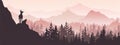 Horizontal banner. A chamois stands on top of hill with mountains and forest in background. Silhouette with pink and violet back Royalty Free Stock Photo