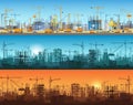 Horizontal banner of city or website construction. Tractors, grader, bulldozers, excavators and tower cranes with Royalty Free Stock Photo