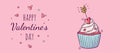 Horizontal banner with cupcake decorated with arrow with a red heart in doodle style for Valentine s Day