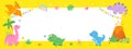 Horizontal banner with cute little dinosaurs in hand-drawn cartoon style. Funny colorful characters with volcano, palm