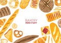 Horizontal banner decorated with breads and baked products of various types on white background - loaf, croissant, toast