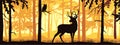 Horizontal banner of deer with antlers posing, forest background, silhouettes of trees. Magical misty landscape. Royalty Free Stock Photo