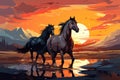 Horizontal banner design cartoon style horses in a sunset field