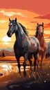 Horizontal banner design cartoon style horses in a sunset field