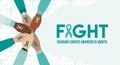 Horizontal banner of female hands stacking together with teal cancer ribbons. Ovarian and Cervical cancer Awareness Month. Cancer