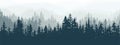 Horizontal banner of forest background, silhouettes of trees. Magical misty landscape, fog. Blue and gray illustration.