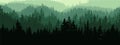 Horizontal banner of forest background, silhouettes of trees. Magical misty landscape, fog.